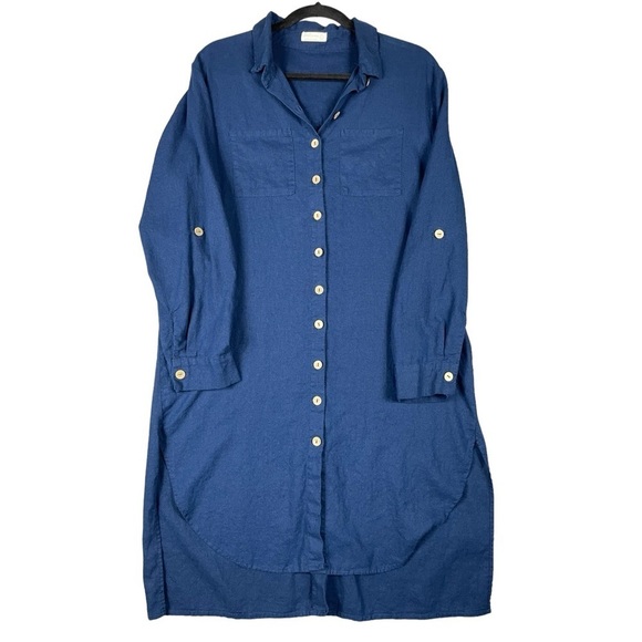 Just Living Linen Minimalist Lagenlook Loose Flowy Button Up Shirt Dress - Sz L - Picture 1 of 14